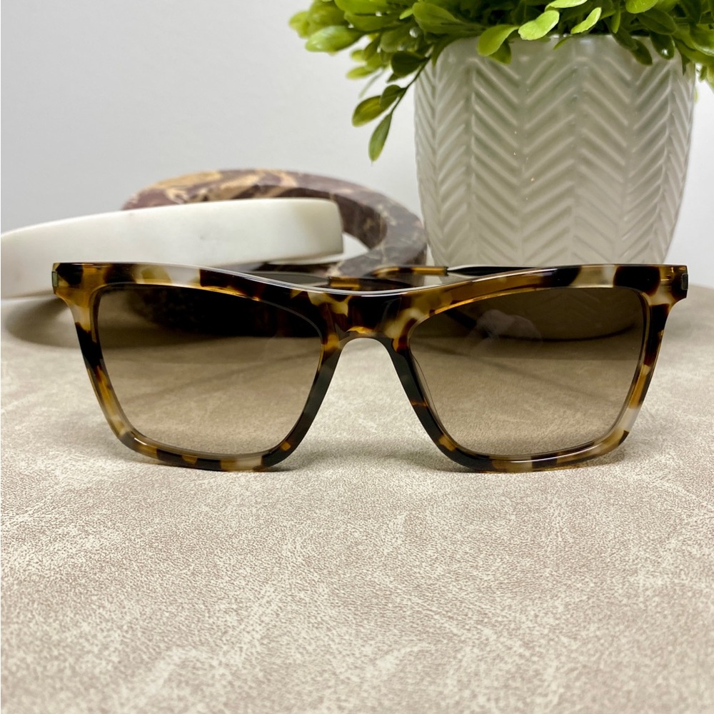 SAINT LAURENT 55mm Square Sunglasses Havana/Silver Frame Brown Lens |New in Case